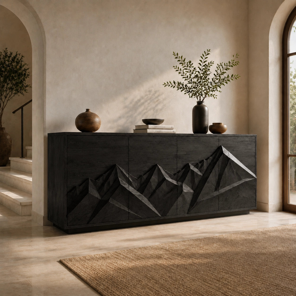 Sideboard with Geometric Carved Cabinet Doors in Natural Solid Wood - Woodenecho - 4