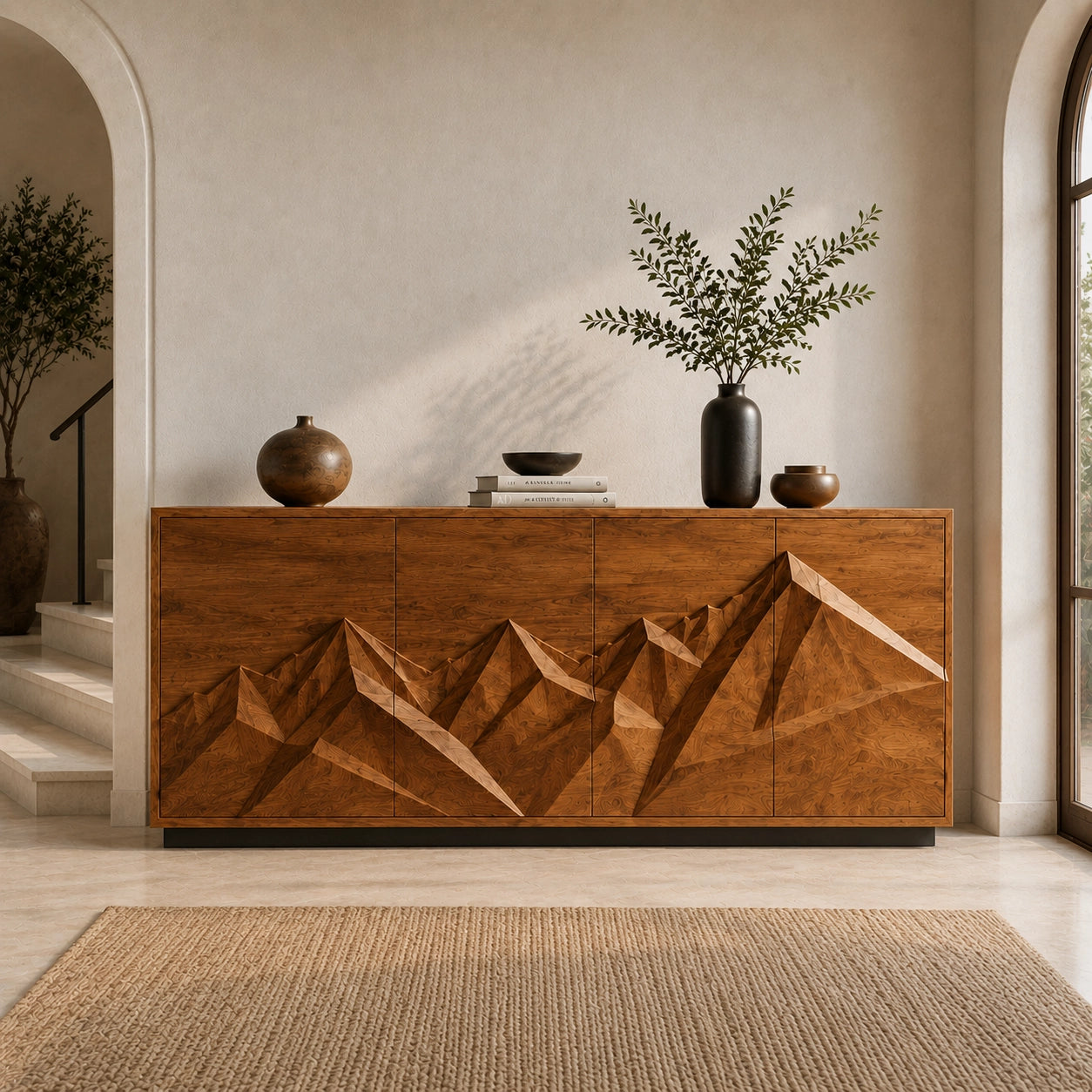 Sideboard with Geometric Carved Cabinet Doors in Natural Solid Wood - Woodenecho - 5