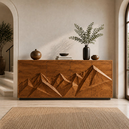 Sideboard with Geometric Carved Cabinet Doors in Natural Solid Wood - Woodenecho - 5