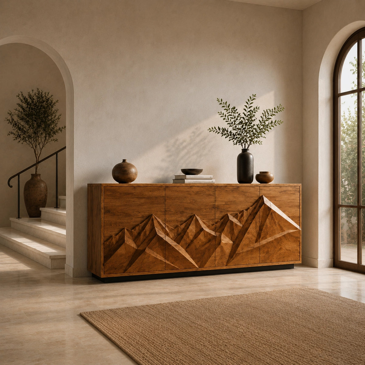 Sideboard with Geometric Carved Cabinet Doors in Natural Solid Wood - Woodenecho - 6