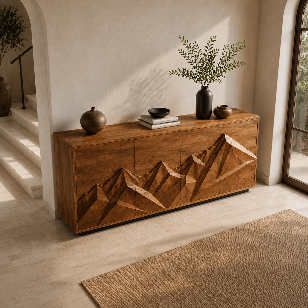 Sideboard with Geometric Carved Cabinet Doors in Natural Solid Wood - Woodenecho - 8