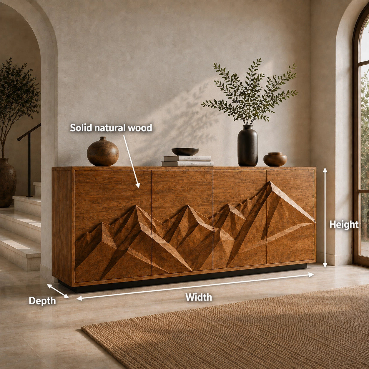 Sideboard with Geometric Carved Cabinet Doors in Natural Solid Wood - Woodenecho - 9