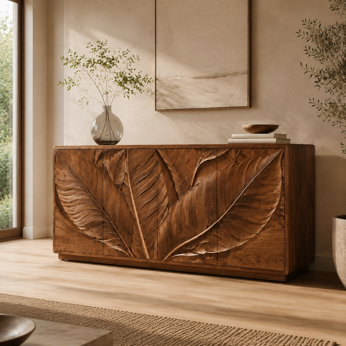 Sideboard with Leaf-Carved Cabinet Doors in Natural Solid Wood Design - Woodenecho - 1