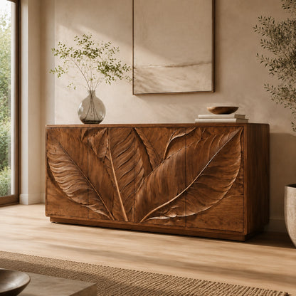 Sideboard with Leaf-Carved Cabinet Doors in Natural Solid Wood Design - Woodenecho - 1