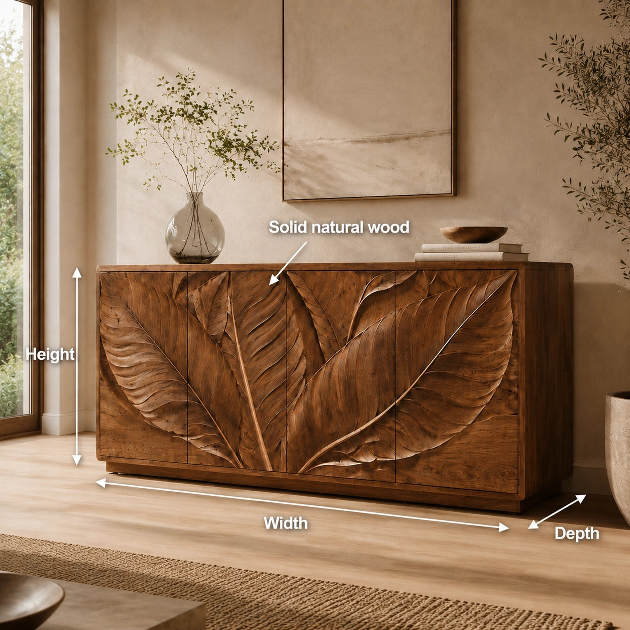 Sideboard with Leaf-Carved Cabinet Doors in Natural Solid Wood Design - Woodenecho - 10