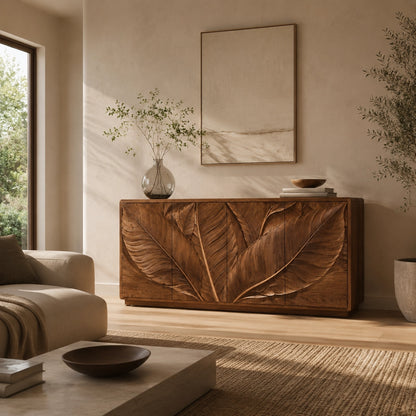 Sideboard with Leaf-Carved Cabinet Doors in Natural Solid Wood Design - Woodenecho - 2