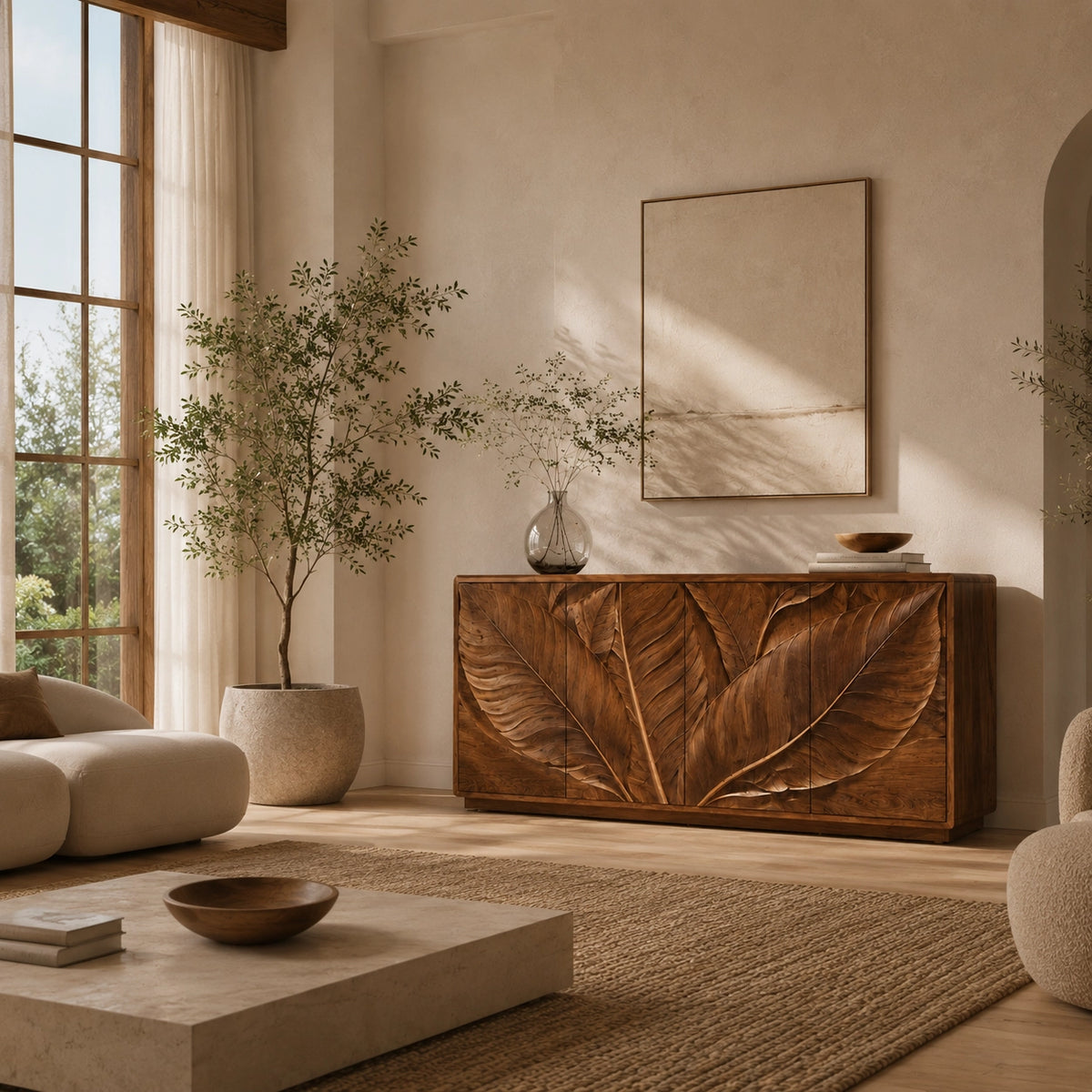 Sideboard with Leaf-Carved Cabinet Doors in Natural Solid Wood Design - Woodenecho - 3