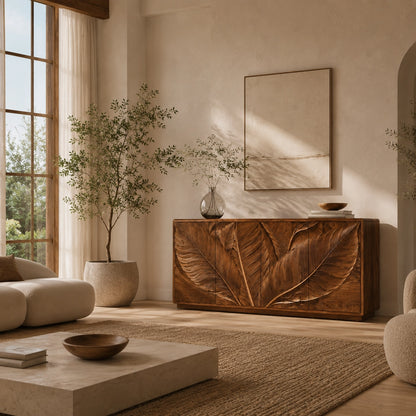 Sideboard with Leaf-Carved Cabinet Doors in Natural Solid Wood Design - Woodenecho - 3