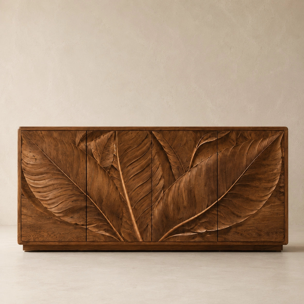 Sideboard with Leaf-Carved Cabinet Doors in Natural Solid Wood Design - Woodenecho - 4