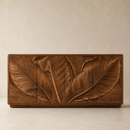 Sideboard with Leaf-Carved Cabinet Doors in Natural Solid Wood Design - Woodenecho - 4