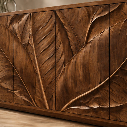 Sideboard with Leaf-Carved Cabinet Doors in Natural Solid Wood Design - Woodenecho - 5