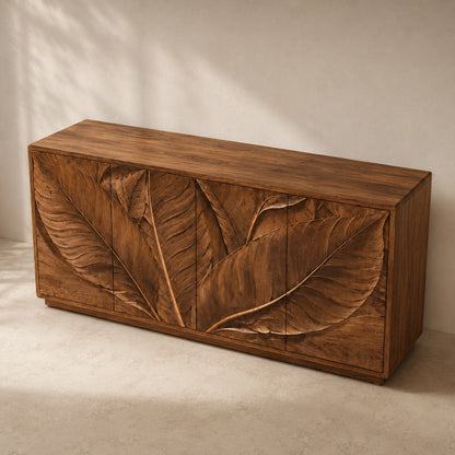 Sideboard with Leaf-Carved Cabinet Doors in Natural Solid Wood Design - Woodenecho - 6