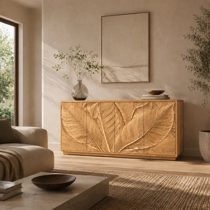 Sideboard with Leaf-Carved Cabinet Doors in Natural Solid Wood Design - Woodenecho - 7