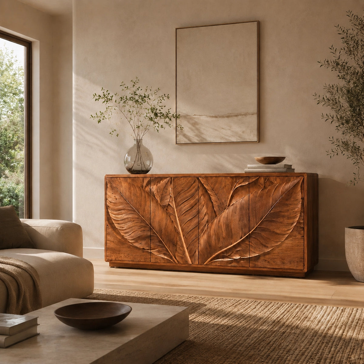 Sideboard with Leaf-Carved Cabinet Doors in Natural Solid Wood Design - Woodenecho - 8