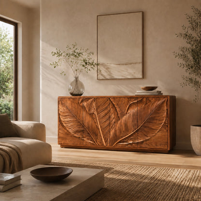 Sideboard with Leaf-Carved Cabinet Doors in Natural Solid Wood Design - Woodenecho - 8
