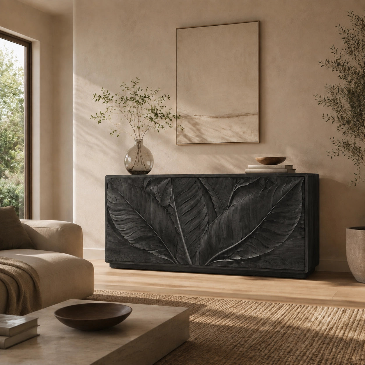Sideboard with Leaf-Carved Cabinet Doors in Natural Solid Wood Design - Woodenecho - 9