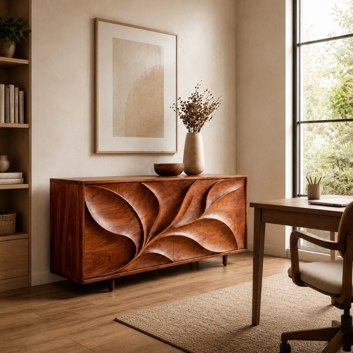 Sideboard with Leaf-Carved Cabinet Doors in Natural Solid Wood Storage - Woodenecho - 1