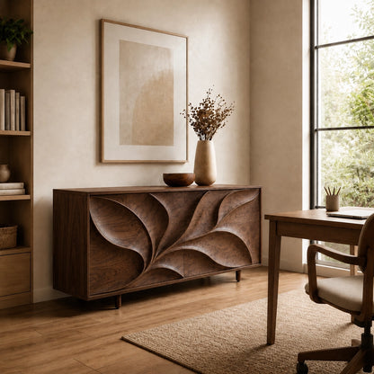 Sideboard with Leaf-Carved Cabinet Doors in Natural Solid Wood Storage - Woodenecho - 2