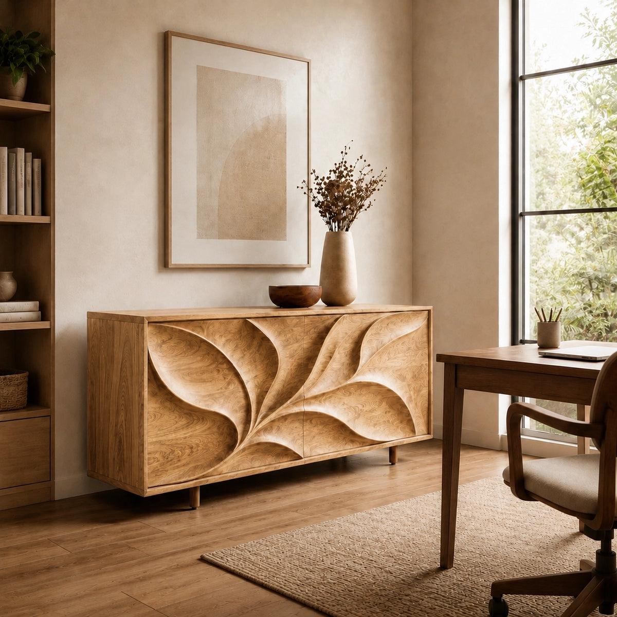 Sideboard with Leaf-Carved Cabinet Doors in Natural Solid Wood Storage - Woodenecho - 3