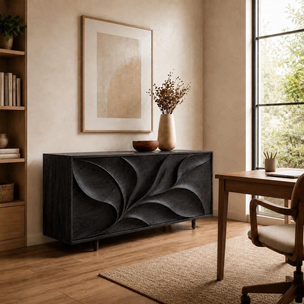 Sideboard with Leaf-Carved Cabinet Doors in Natural Solid Wood Storage - Woodenecho - 4