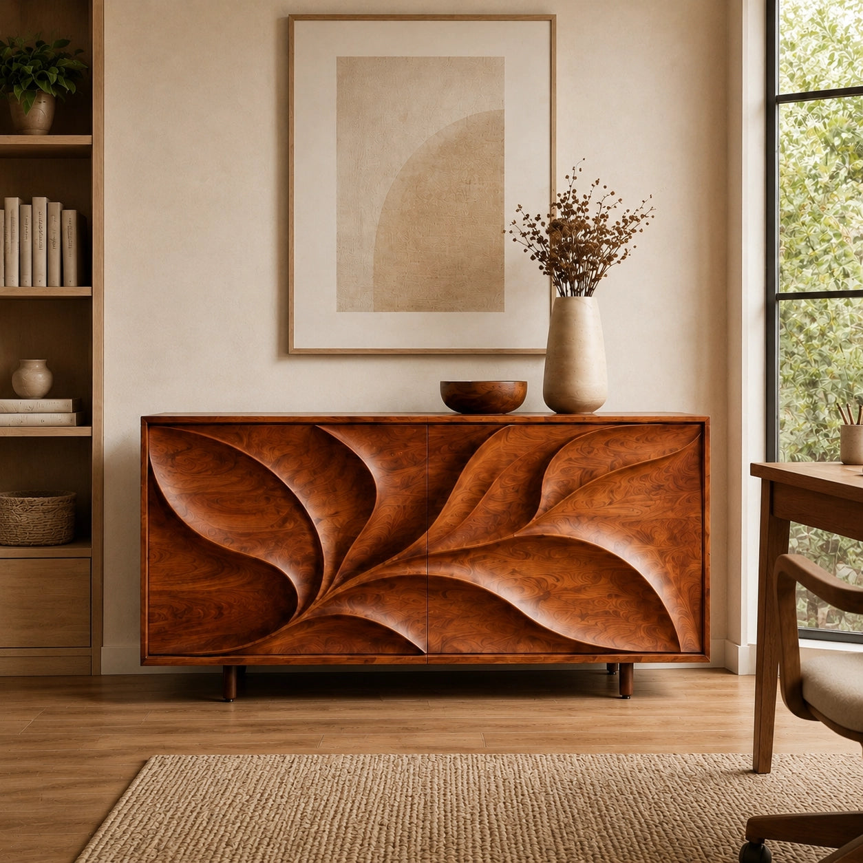 Sideboard with Leaf-Carved Cabinet Doors in Natural Solid Wood Storage - Woodenecho - 5