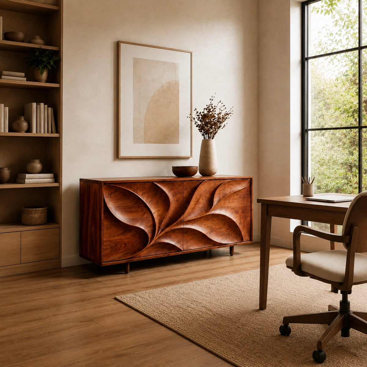 Sideboard with Leaf-Carved Cabinet Doors in Natural Solid Wood Storage - Woodenecho - 6