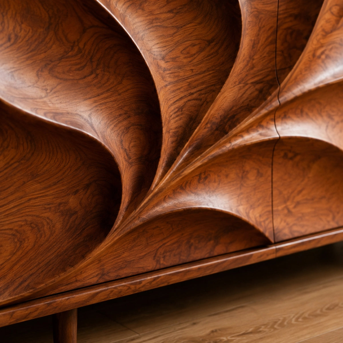 Sideboard with Leaf-Carved Cabinet Doors in Natural Solid Wood Storage - Woodenecho - 7