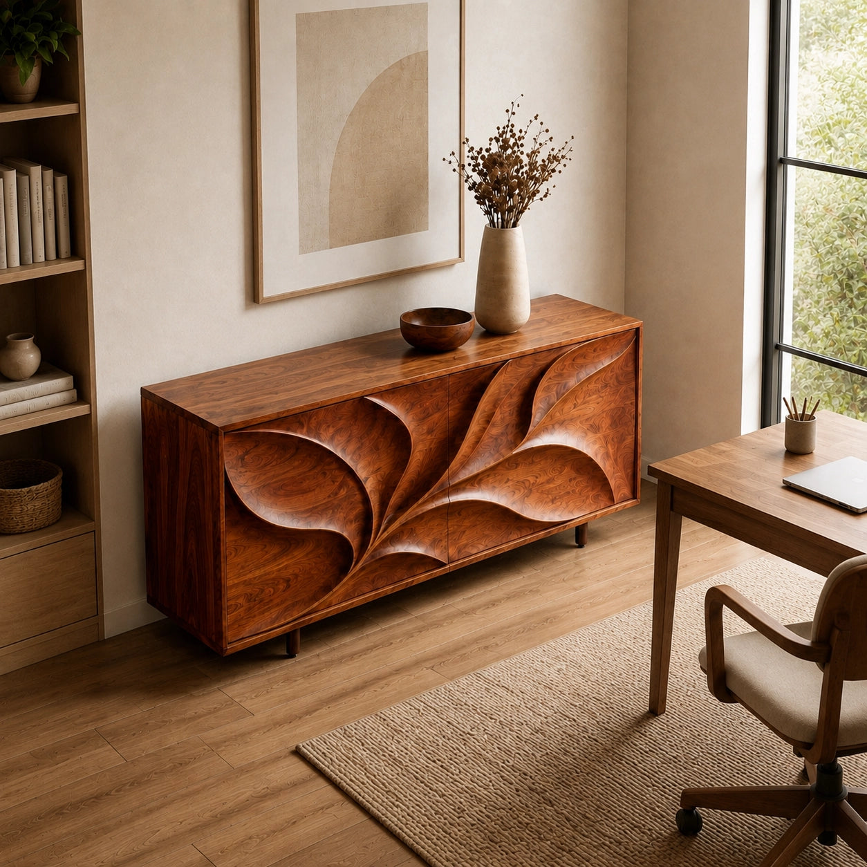 Sideboard with Leaf-Carved Cabinet Doors in Natural Solid Wood Storage - Woodenecho - 8