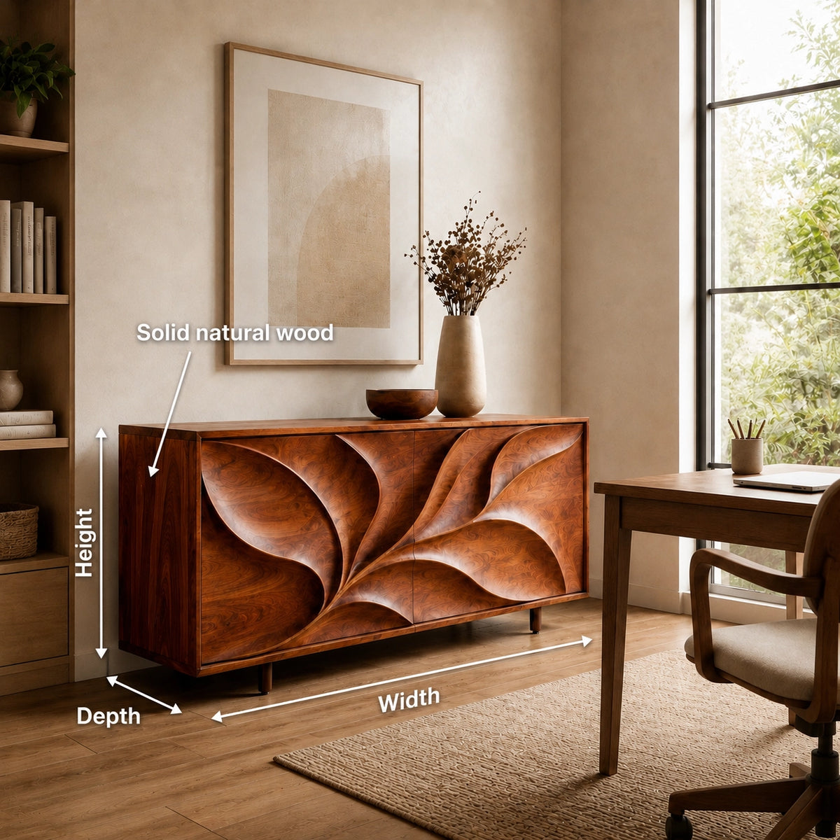 Sideboard with Leaf-Carved Cabinet Doors in Natural Solid Wood Storage - Woodenecho - 9