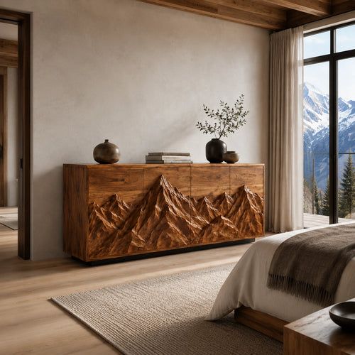 Sideboard with Mountain-Carved Cabinet Doors in Natural Solid Wood - Woodenecho - 1