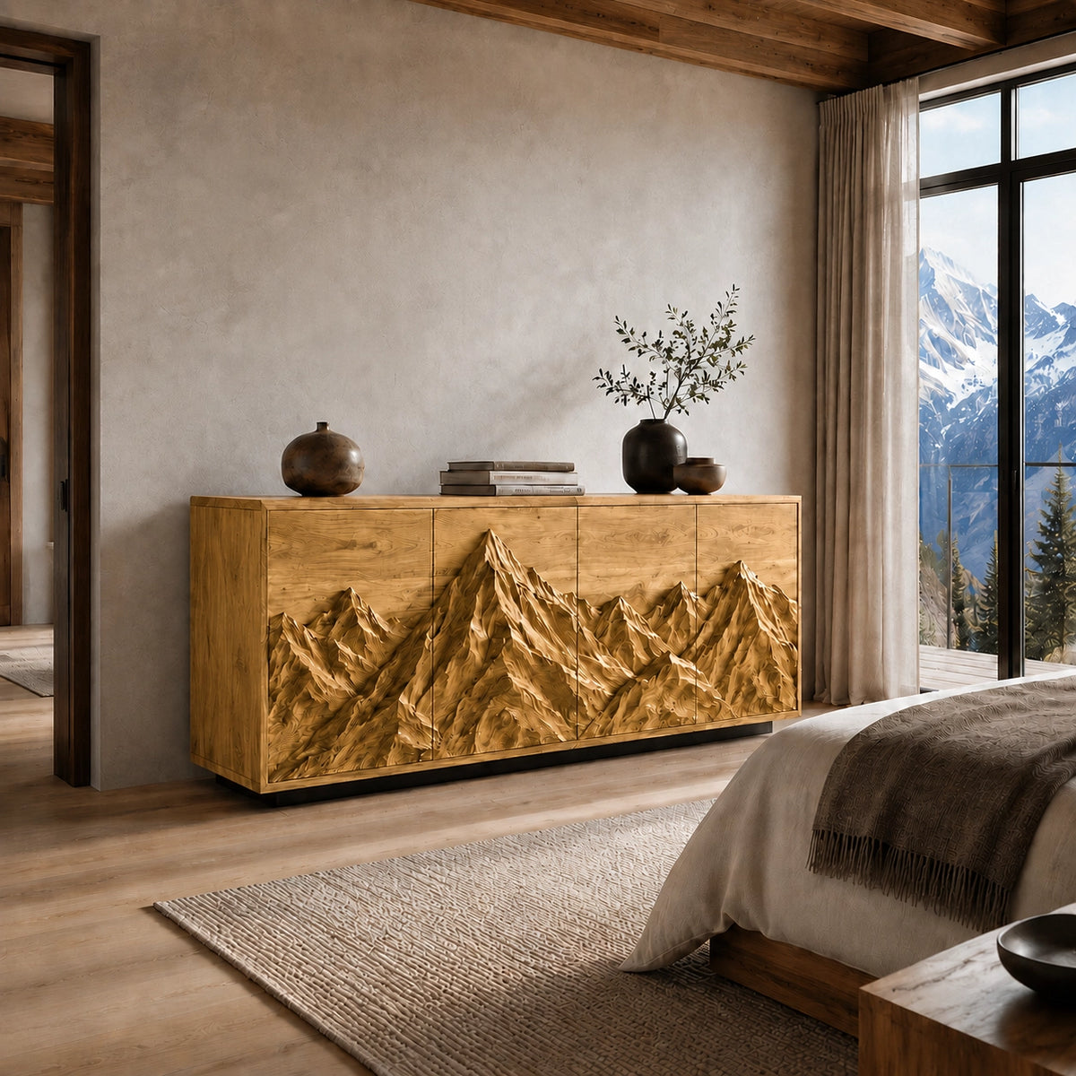 Sideboard with Mountain-Carved Cabinet Doors in Natural Solid Wood - Woodenecho - 3
