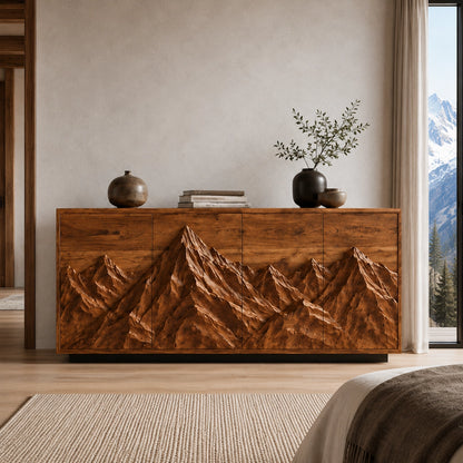 Sideboard with Mountain-Carved Cabinet Doors in Natural Solid Wood - Woodenecho - 4