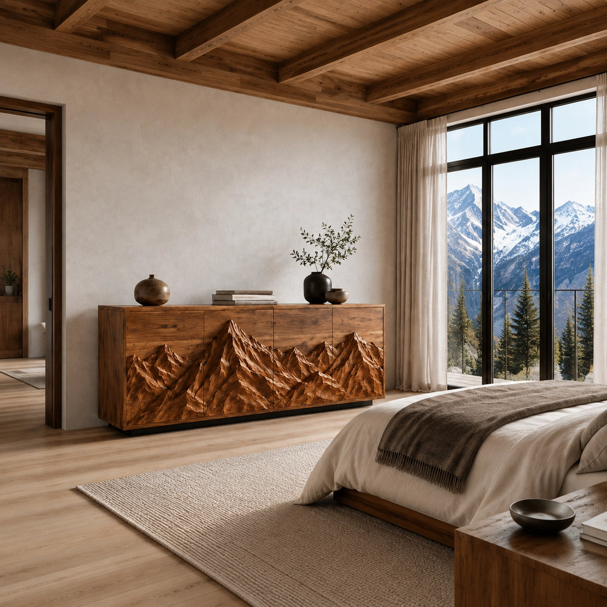 Sideboard with Mountain-Carved Cabinet Doors in Natural Solid Wood - Woodenecho - 5