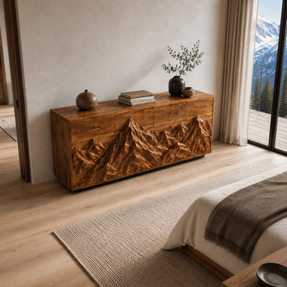 Sideboard with Mountain-Carved Cabinet Doors in Natural Solid Wood - Woodenecho - 6
