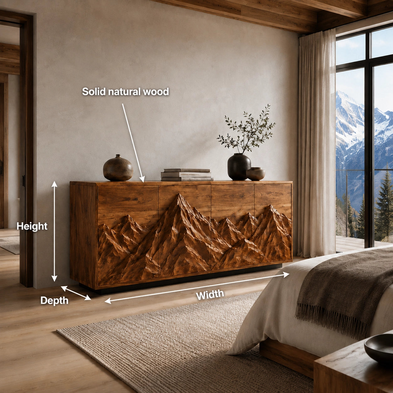 Sideboard with Mountain-Carved Cabinet Doors in Natural Solid Wood - Woodenecho - 7