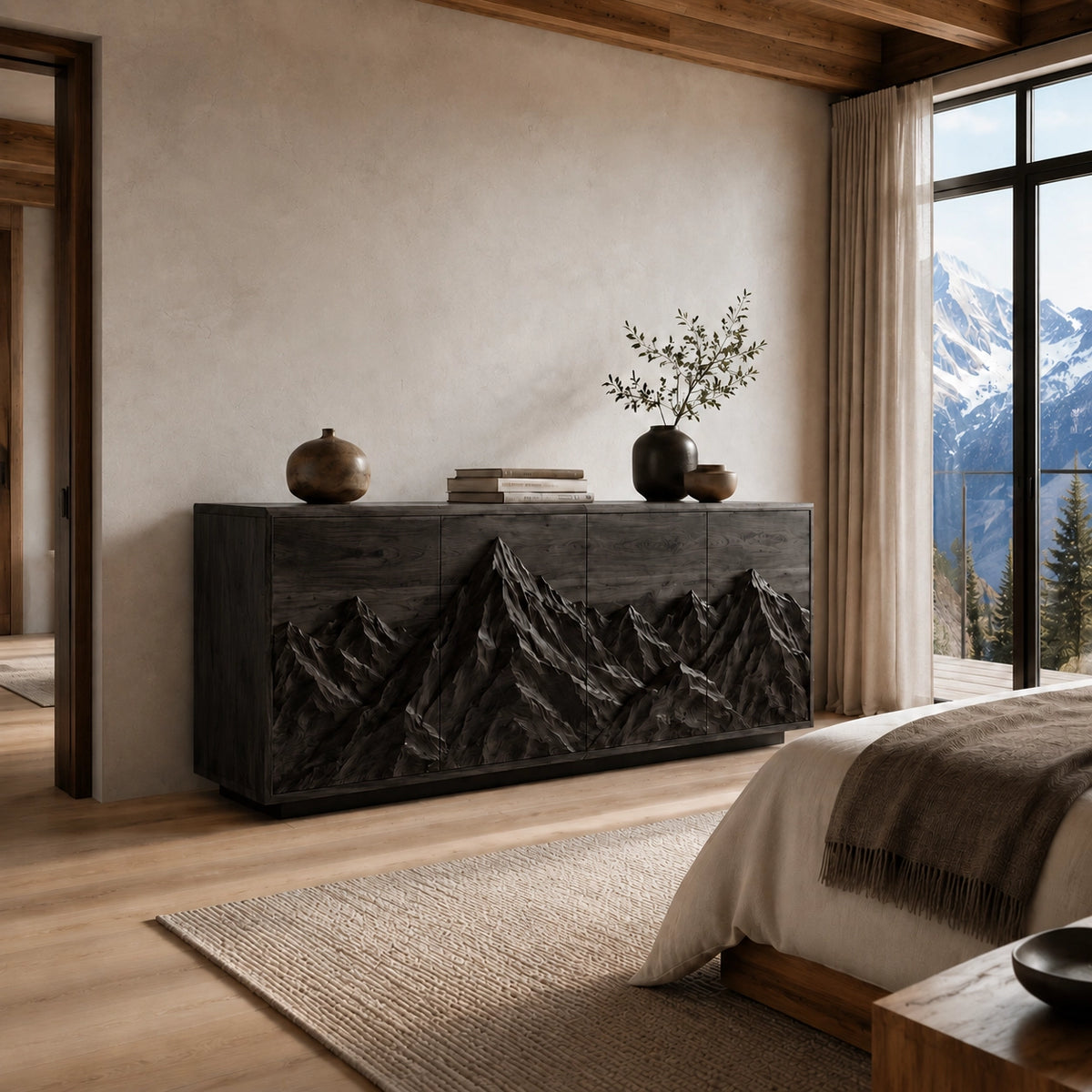 Sideboard with Mountain-Carved Cabinet Doors in Natural Solid Wood - Woodenecho - 8