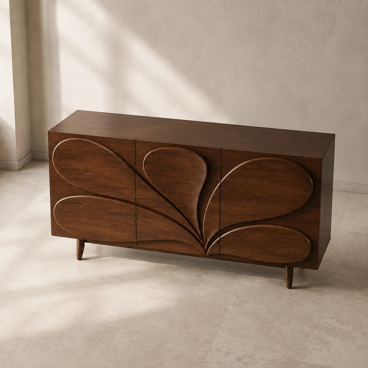 Sideboard with Sculptural Leaf-Carved Doors in Natural Solid Wood - Woodenecho - 10