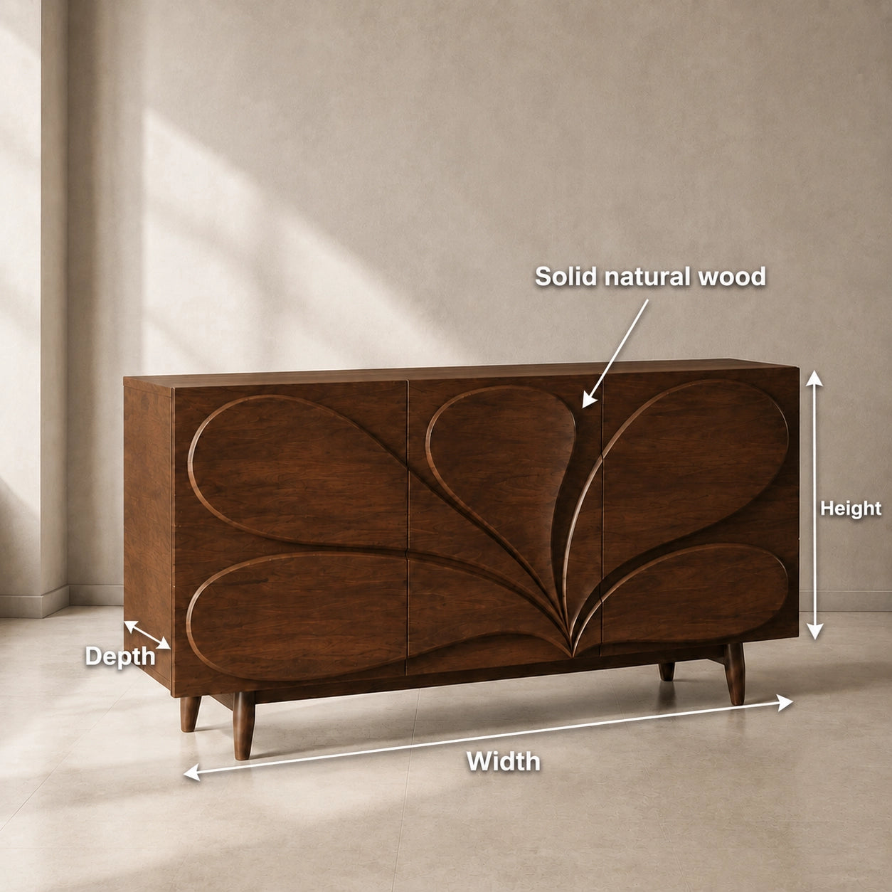 Sideboard with Sculptural Leaf-Carved Doors in Natural Solid Wood - Woodenecho - 2