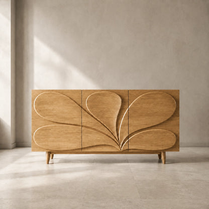 Sideboard with Sculptural Leaf-Carved Doors in Natural Solid Wood - Woodenecho - 3