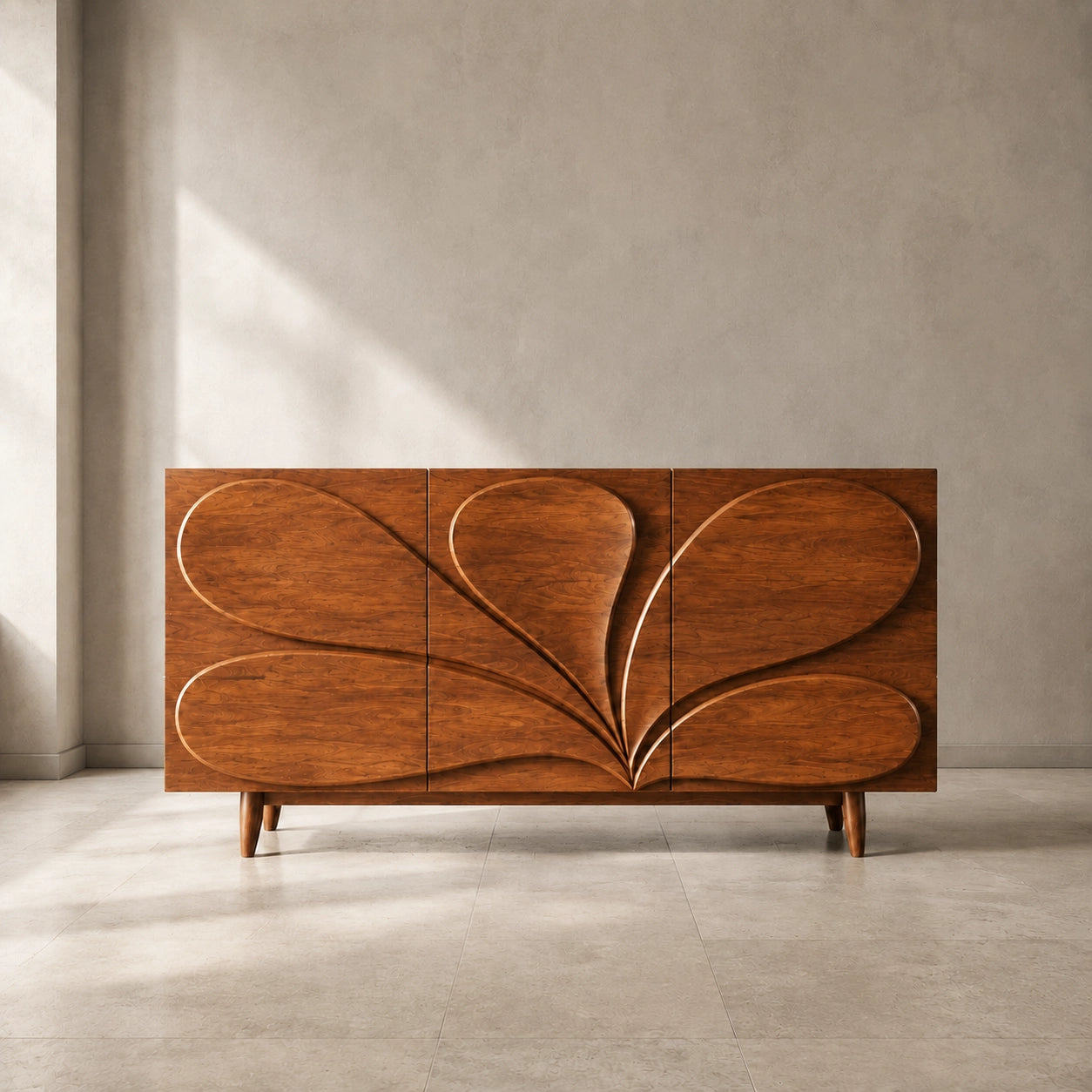 Sideboard with Sculptural Leaf-Carved Doors in Natural Solid Wood - Woodenecho - 4