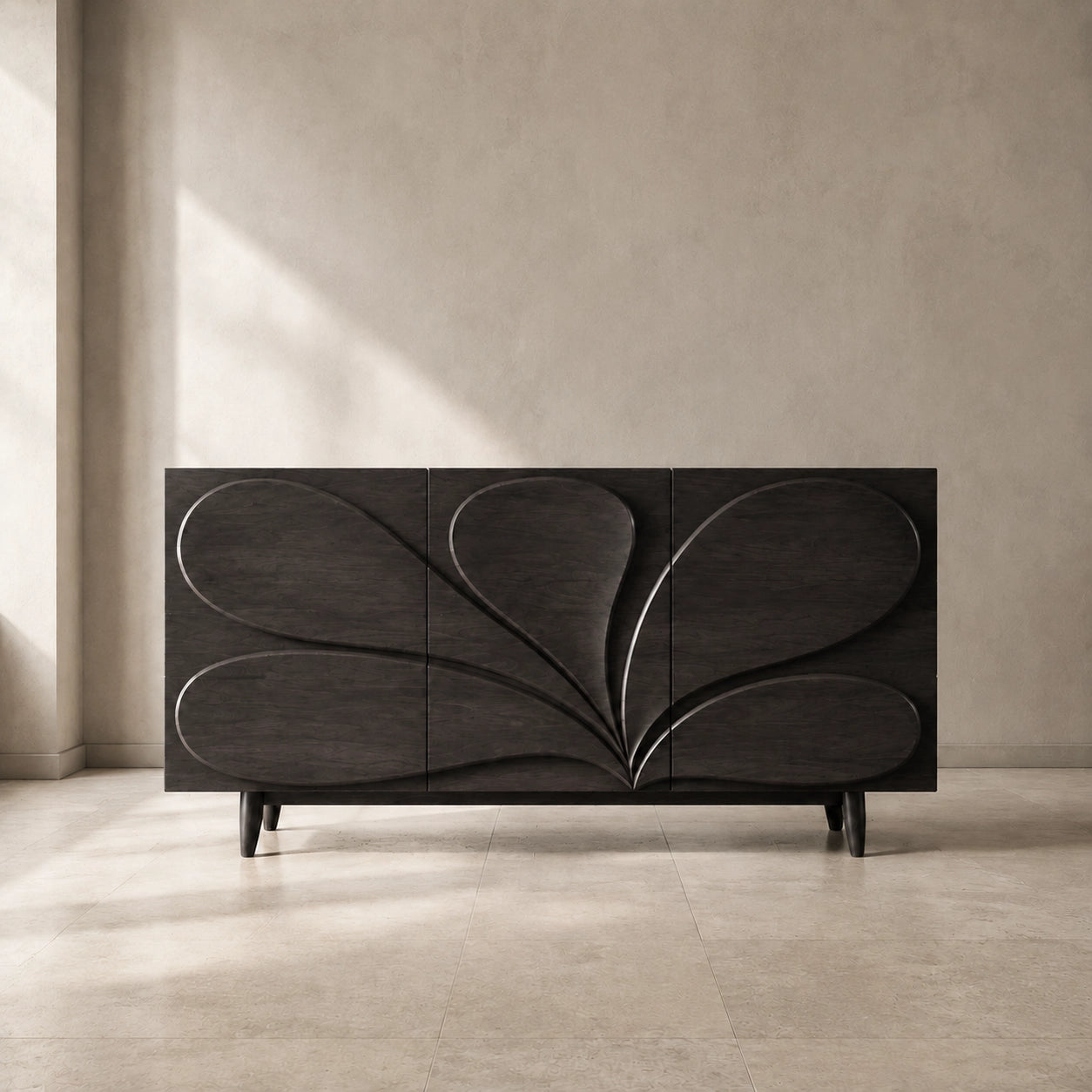 Sideboard with Sculptural Leaf-Carved Doors in Natural Solid Wood - Woodenecho - 5