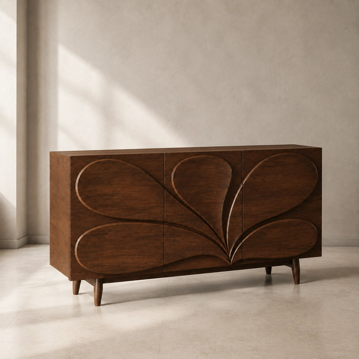 Sideboard with Sculptural Leaf-Carved Doors in Natural Solid Wood - Woodenecho - 6