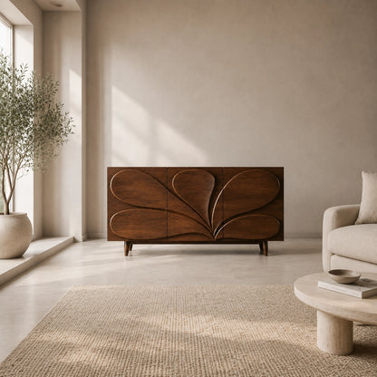 Sideboard with Sculptural Leaf-Carved Doors in Natural Solid Wood - Woodenecho - 8
