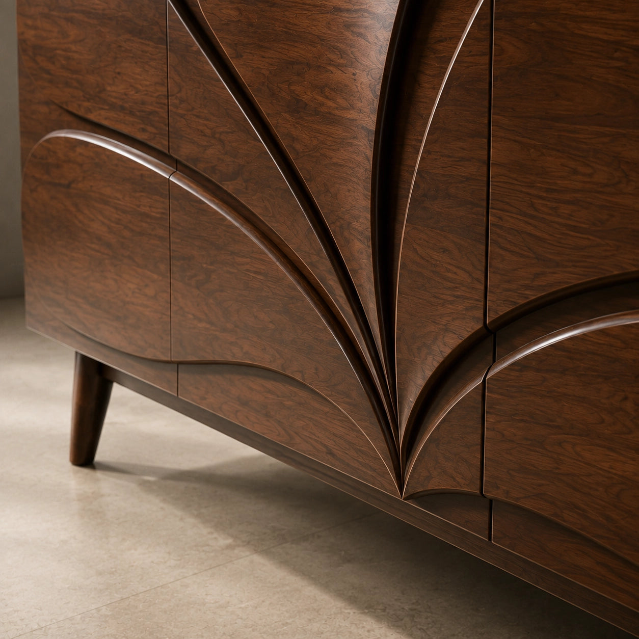 Sideboard with Sculptural Leaf-Carved Doors in Natural Solid Wood - Woodenecho - 9