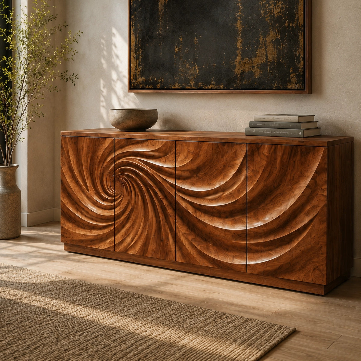 Sideboard with Sculptural Spiral-Carved Doors in Natural Solid Wood - Woodenecho - 1