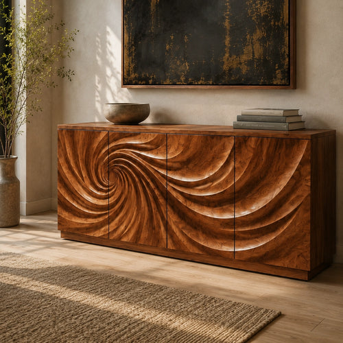 Sideboard with Sculptural Spiral-Carved Doors in Natural Solid Wood - Woodenecho - 1