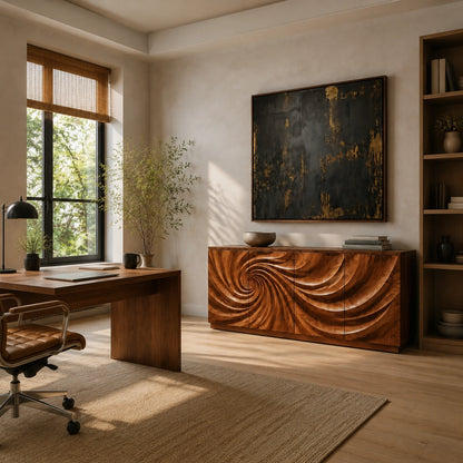 Sideboard with Sculptural Spiral-Carved Doors in Natural Solid Wood - Woodenecho - 2