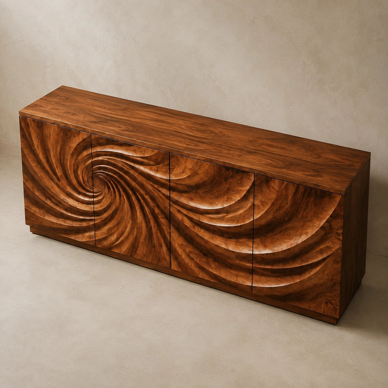 Sideboard with Sculptural Spiral-Carved Doors in Natural Solid Wood - Woodenecho - 3