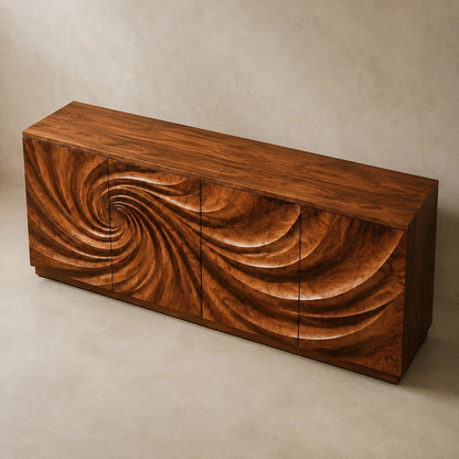 Sideboard with Sculptural Spiral-Carved Doors in Natural Solid Wood - Woodenecho - 3