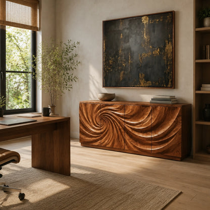 Sideboard with Sculptural Spiral-Carved Doors in Natural Solid Wood - Woodenecho - 4